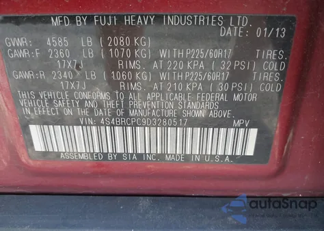 2013 Subaru Outback 2.5I Limited z USA, uszkodzony, nr VIN 4S4BRCPC9D3280517